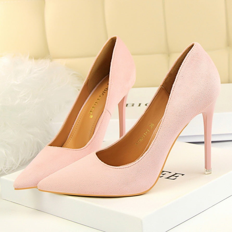 Sweet And Elegant High-heeled Suede Shallow Pointy Shoes