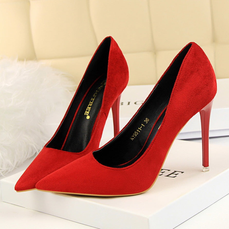 Sweet And Elegant High-heeled Suede Shallow Pointy Shoes